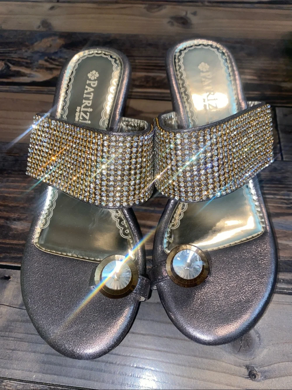 Spring Step Metallic Pewter Wedge Sandals with Rhinestone Crystal Strap